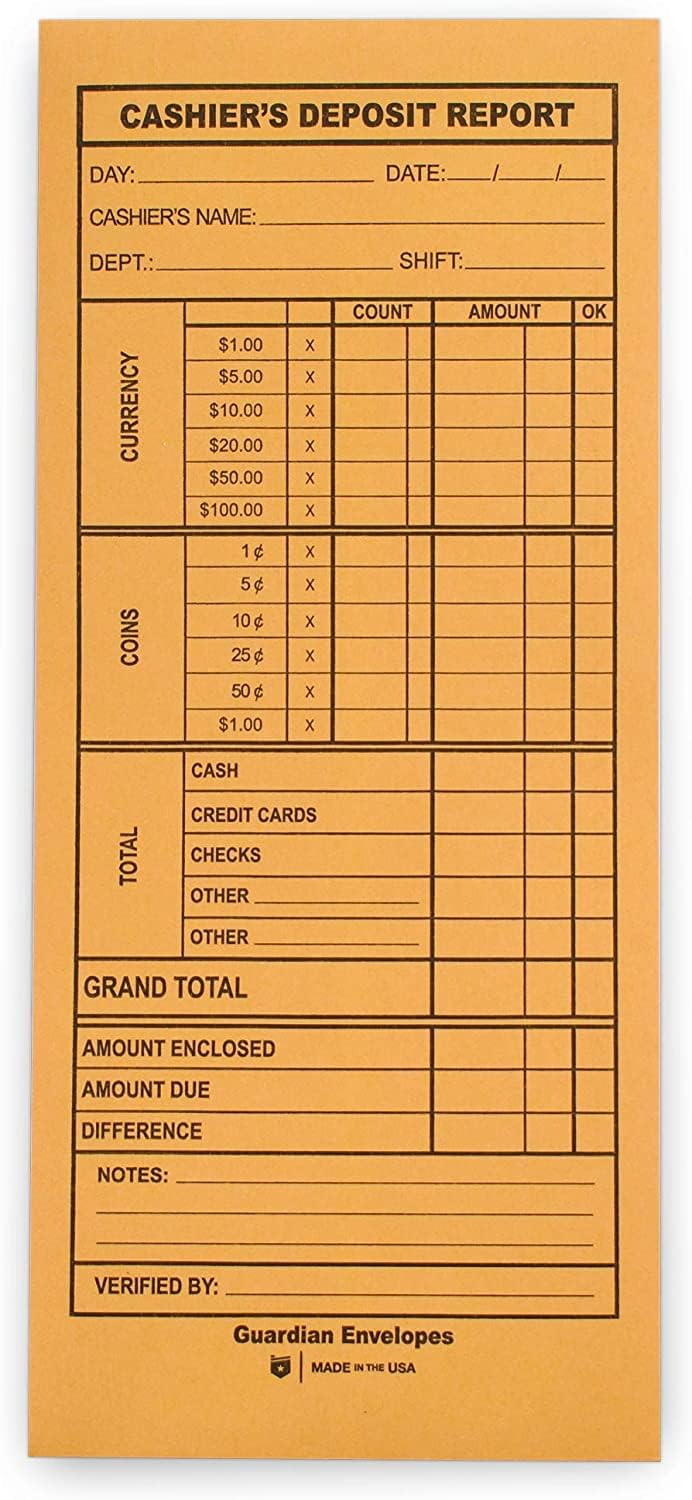 Guardian Cashier Deposit Report Envelopes with Gummed Flaps, Pack of 100 Cash Drop Envelopes - Cash Register for Small Businesses - Cashier Register for Retailers & Restaurants - Brown Kraft Envelope - Image 1